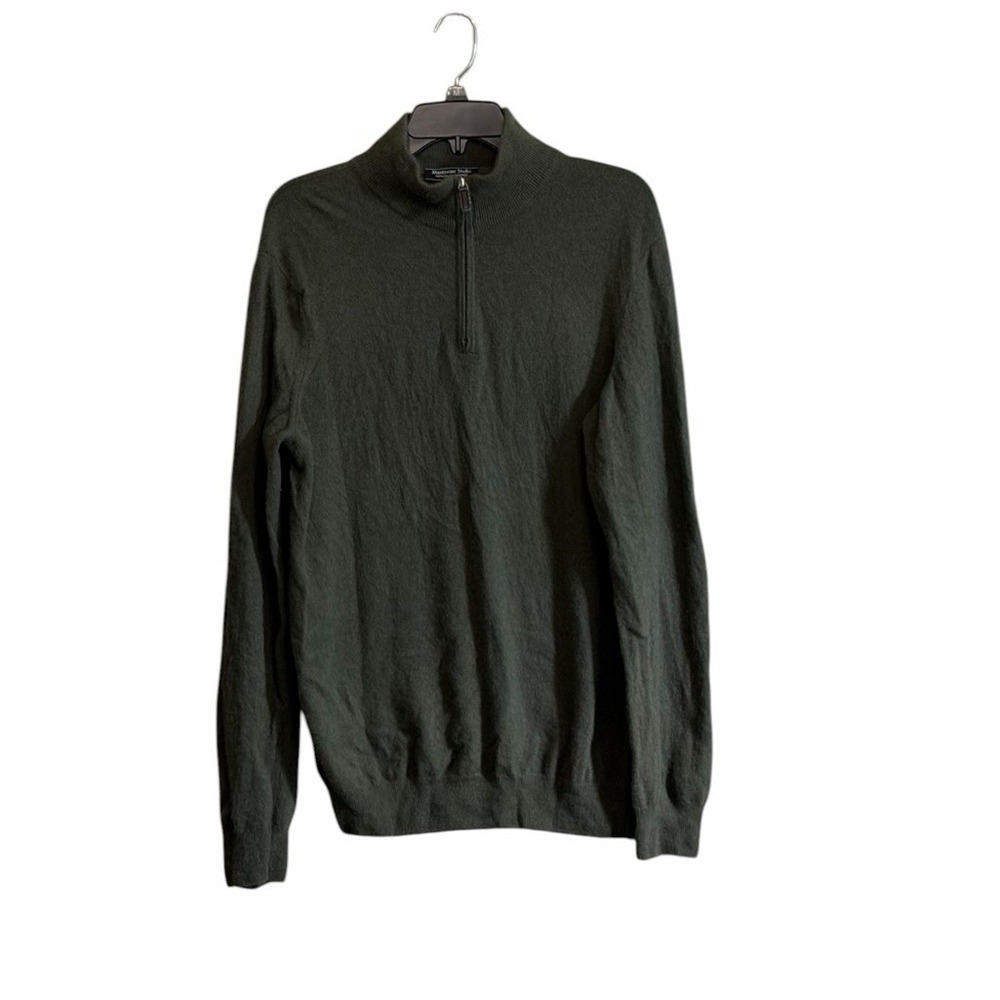 Mantovani Studio 100% Cashmere Sweater Large Green Italy 1/4 Zip Leather Pull